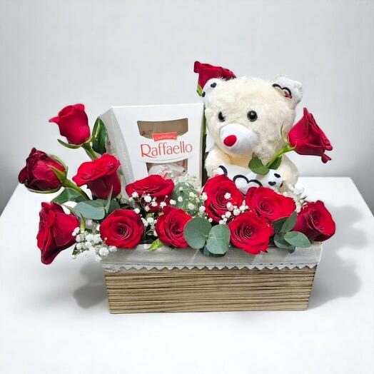 Teddy Love Box – Red Roses, Raffaello   Plush Bear Gift Arrangement