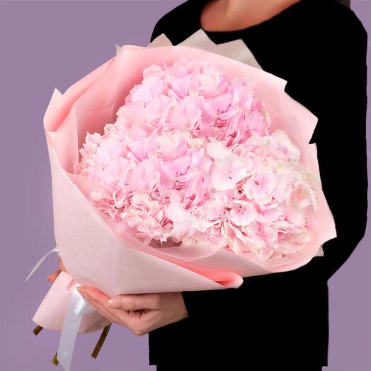 Букет из розовых гортензий в упаковке