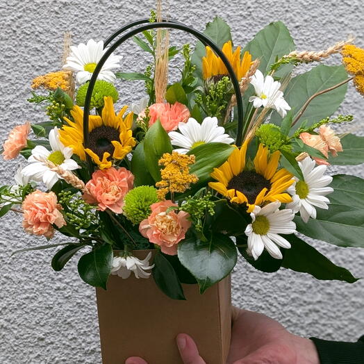 Bag with sunflowers and chrysanthemums