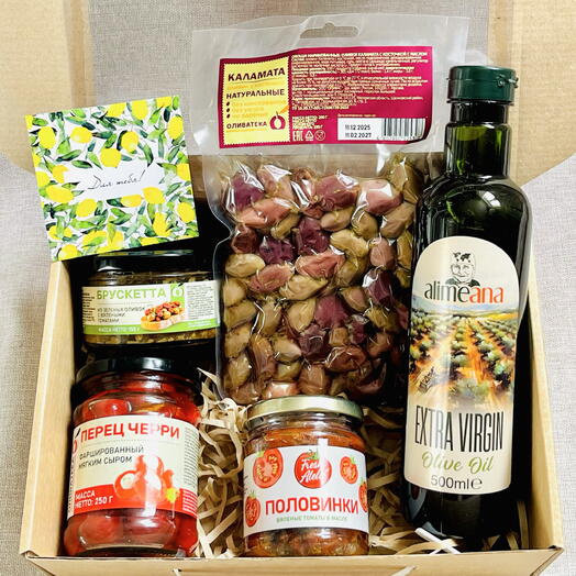 «Вкус Греции» гастрономический подарок с оливковым маслом Extra Virgin, оливками Каламата, брускеттой и вялеными томатами