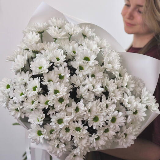 Изящный букет из 15 кустовых хризантем-ромашек завораживает своей нежностью
