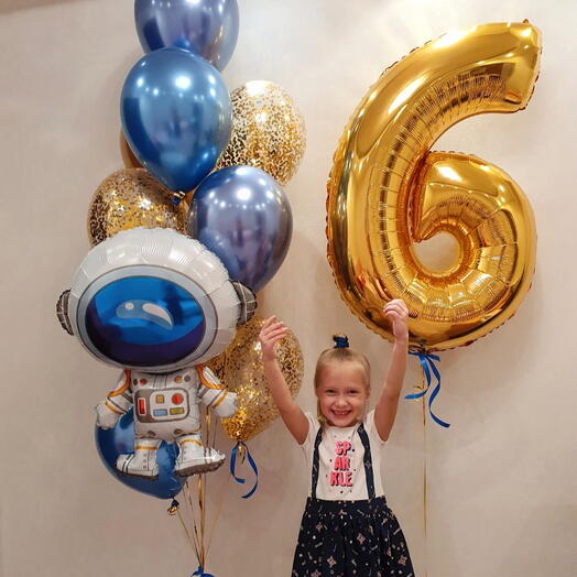 Синие и золотые шары космонавт на 6лет ребенка-11шаров