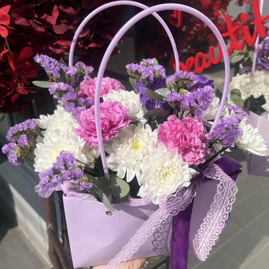 Сумочка с орхидеей Ванда 💜Белоснежной хризантемой и Диантусами 🩷Орхидея Хризантема Эвкалипт 🌱 Пиономания