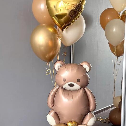 Cute Teddy Bear Gold Heart Balloon Bouquet