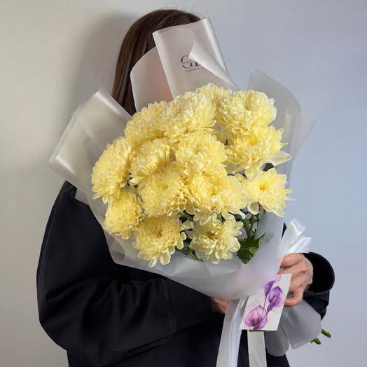 Букет из желтых кустовых хризантем (5 веток) для девушки, жены, мамы, сестры, подруги от Гранд Депо (дофаминовый)