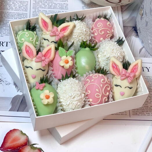 Клубника в Шоколаде 9-16шт. Бельгийский шоколад Callebaut. Зайки. Подарочный набор 3092
