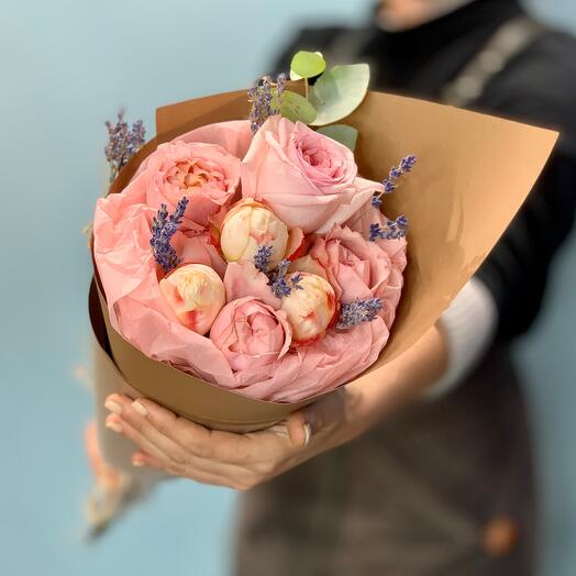 Bouquet with bushy peony roses and lavender Romantic Provence