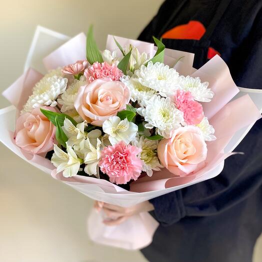 Только для неё🎀 пышный букет с розой, хризантемой кустовой, диантусами, альстромерией)