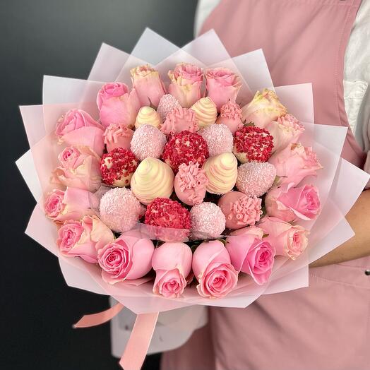 Author's bouquet of chocolate-covered strawberries and pink roses