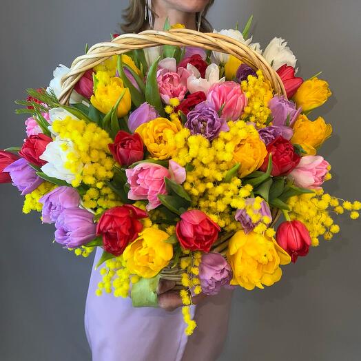 Корзина 8 Марта Мимоза и пионовидные тюльпаны 51