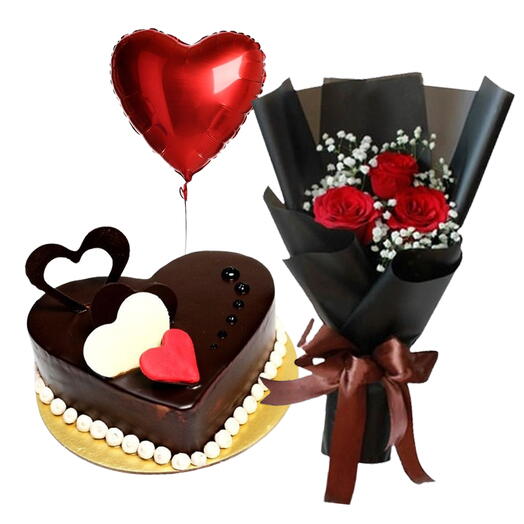 Heart Shape Cake With Flower   Balloon