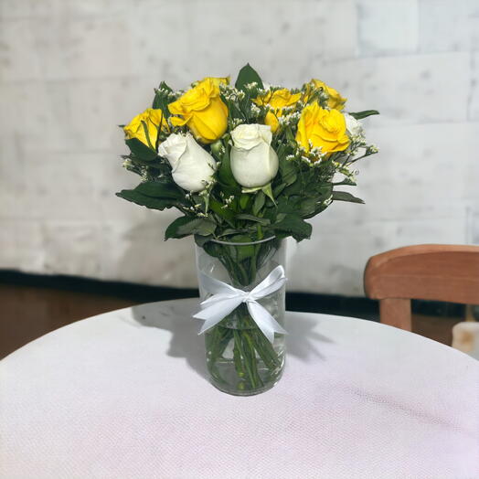 Sunshine Serenity Bouquet: Yellow   White Roses in Cylinder Arrangement | Classic Elegance