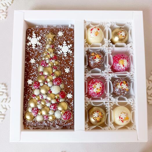 Шоколадный набор С новым годом. Новогодний подарочный набор. Шоколадная плитка с конфетами