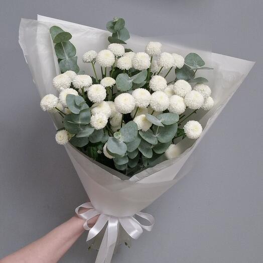 Bouquet of white newton chrysanthemums and eucalyptus for mom