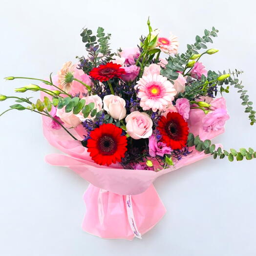 Charming Pink Rose   Gerbera Bouquet with Lisianthus and Eucalyptus