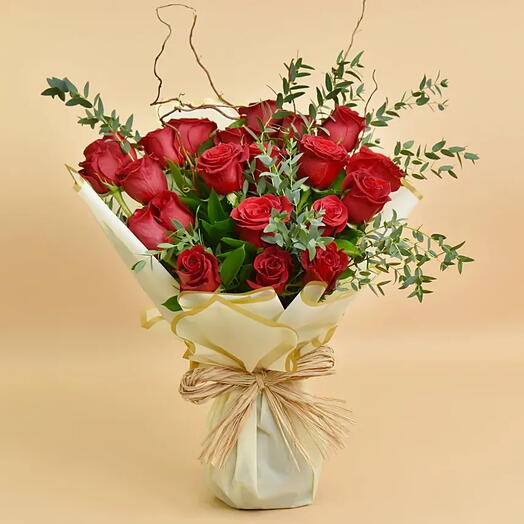 Mesmerizing Red Roses: A Bouquet of 20 – Stunning Red Roses with Green Ruscus and Eucalyptus Fillers