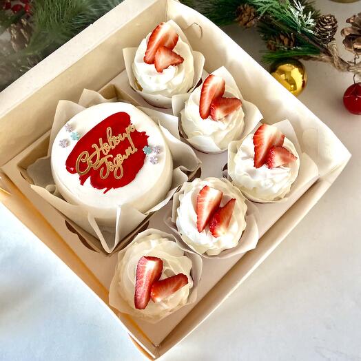 Новогодний набор бенто торт и 5 капкейков «С Новым годом»