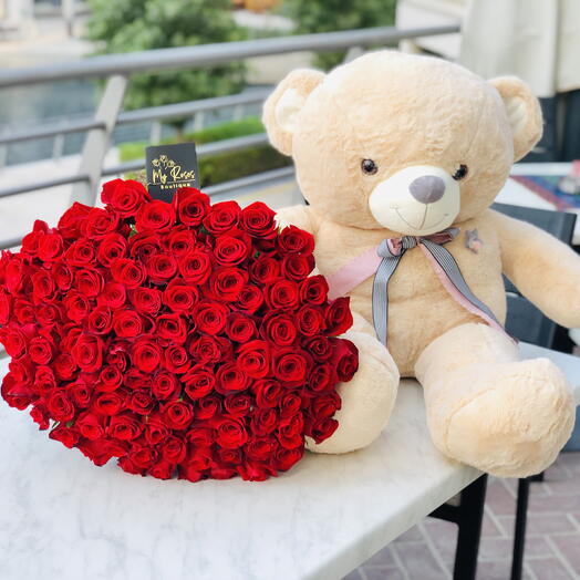 100 red roses with brown teddy bear 100cm