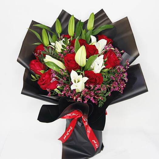 Valentine Days Special Lilly N Red Roses in Black wrapping