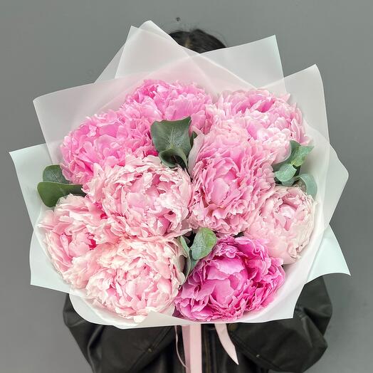 Пионы Сара Бернар  с эвкалиптом 9шт (0006) peony