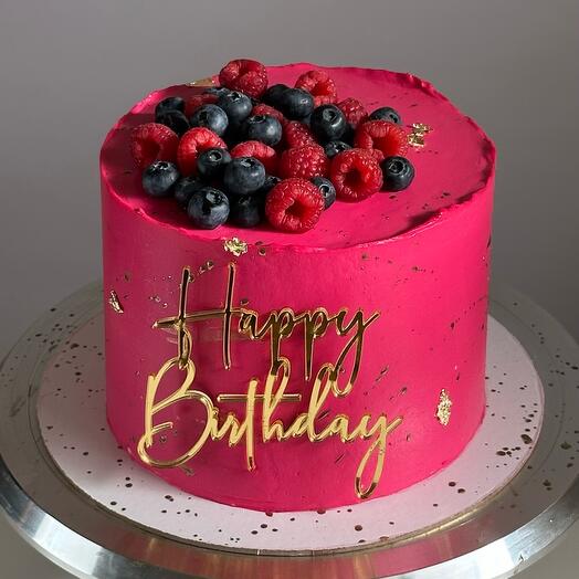 Торт розовый с ягодами с малиной голубикой happy birthday на день рождения 2,5 кг девушке, женский торт, маме, подруге, сестре