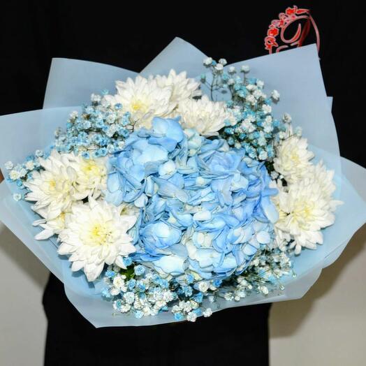 Bouquet of blue hydrangeas, white spray chrysanthemums and blue statice