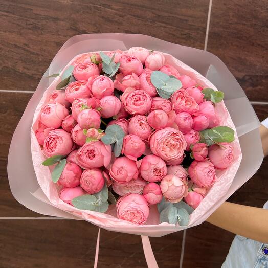 Хит🔥Роскошный букет из 15 веток премиальной кустовой пион розы Silva Pink и эвкалипта