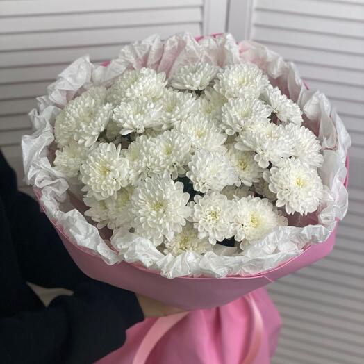 Монобукет Ванильное мороженное с белыми хризантемами