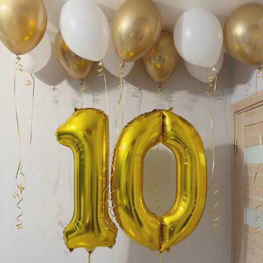 Шарики на 10 лет мальчику с золотыми цифрами