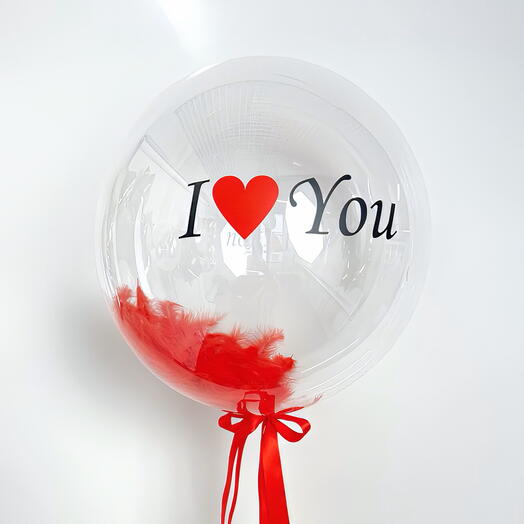 Воздушный шар Бабл с красными перьями I love you 40 см