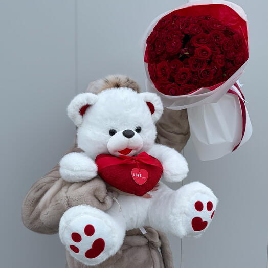 Акция❗️ Медведь с сердцем️ и букет красных кустовых роз🌹