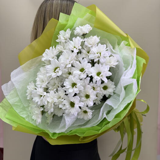 Букет Ромашка 🌼 кустовая ромашковая хризантема в оливковом оформлении
