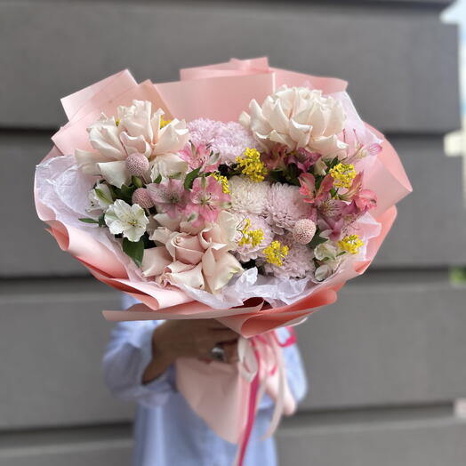 Букет «Дофаминовый букет счастья» 🎀💛 невероятная французская роза🩷 альстромерии🤍 пушистая хризантема в объемной упаковке 💝