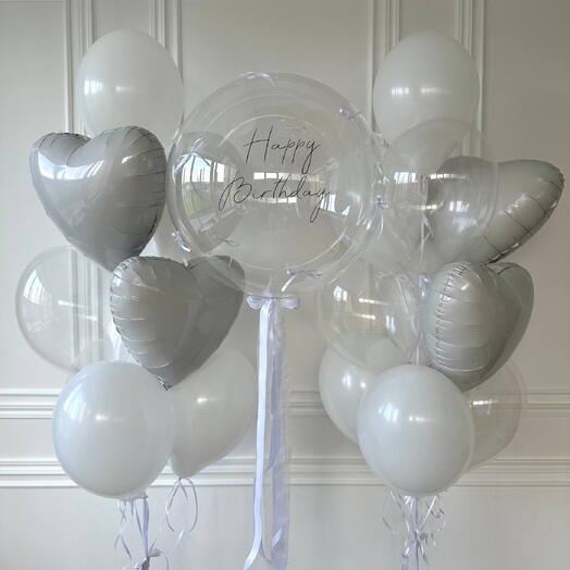 Большой шар Bubble с гелием «Happy Birthday» серебряные сердца 5257