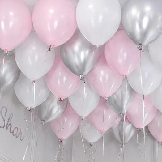 Balloons with helium for a girl under the ceiling: metallic silver, pink, white - 25 pieces