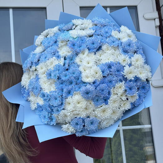 Букет из 39 белых и синих хризантем 🤍🦋