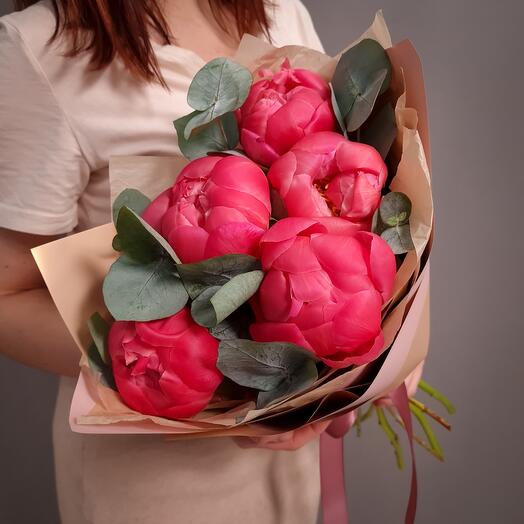 5 Peonies Coral Charm with Eucalyptus
