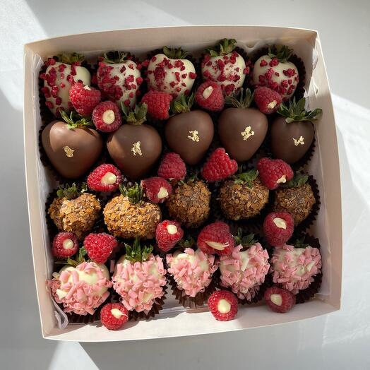 Juego de fresas cubiertas de chocolate