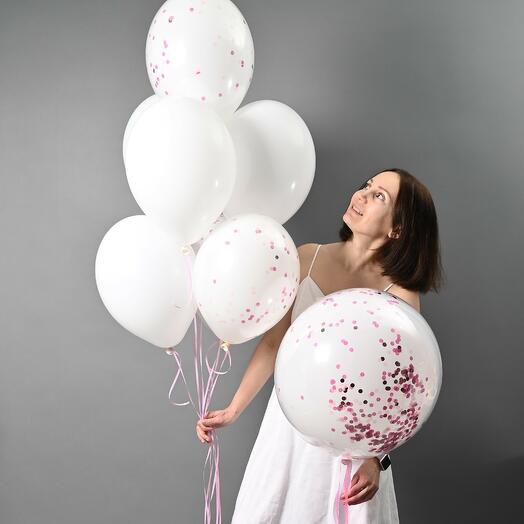Juego de globos de helio con confeti blanco y rosa