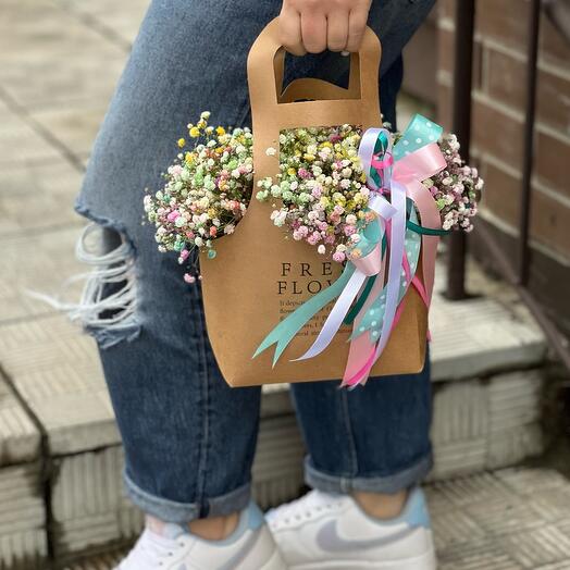 Craft handbag with rainbow gypsophila