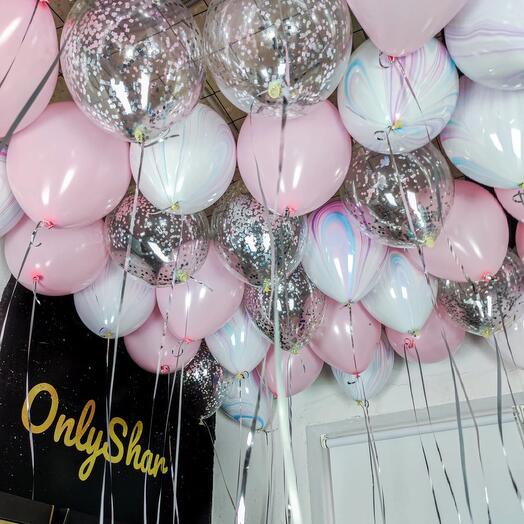 Шары под потолок: розовый, конфетти серебро, агат fashion - 25 шт