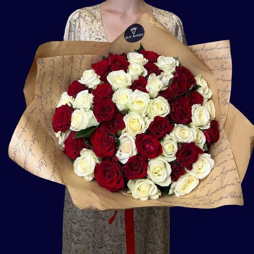 Bouquet of 51 red and white roses