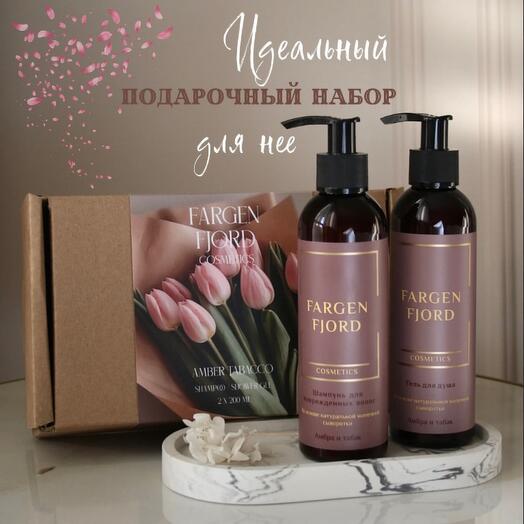 Подарочный набор: парфюмированный гель для душа и шампунь с ароматом Амбра и Табак, женский, 2х200мл