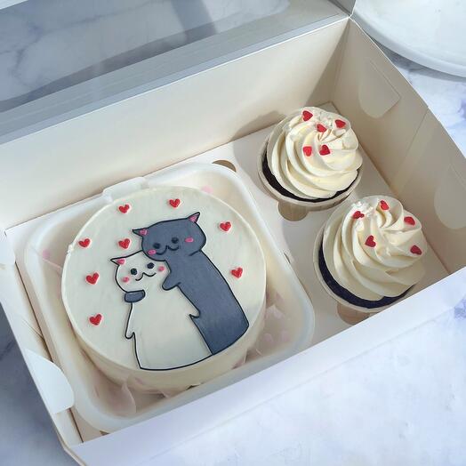 A set of bento cake and 2 cupcakes for February 14th, for the birthday of a loved one