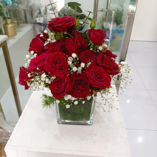 Red Rose and Gypsophila in Vase