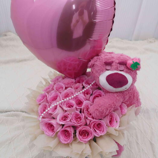 Roselle Pink Roses with Perfume Strawberry Bear and Balloon Combo