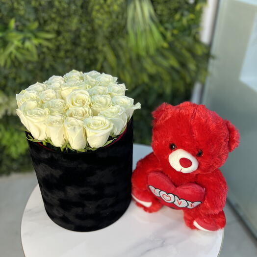 White Roses in black box with teddy