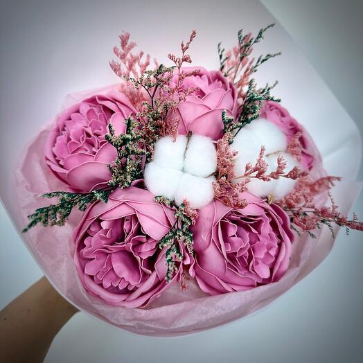 Букет из Пионов мыльных с Хлопком "The pink dream"