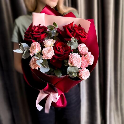 Bouquet of French roses, bushy peony-shaped roses and eucalyptus