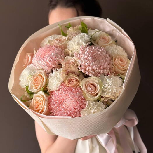 Букет Pink mix! розы, диантусы и хризантемы 🌸🦋🍀 больше живых цветов =)